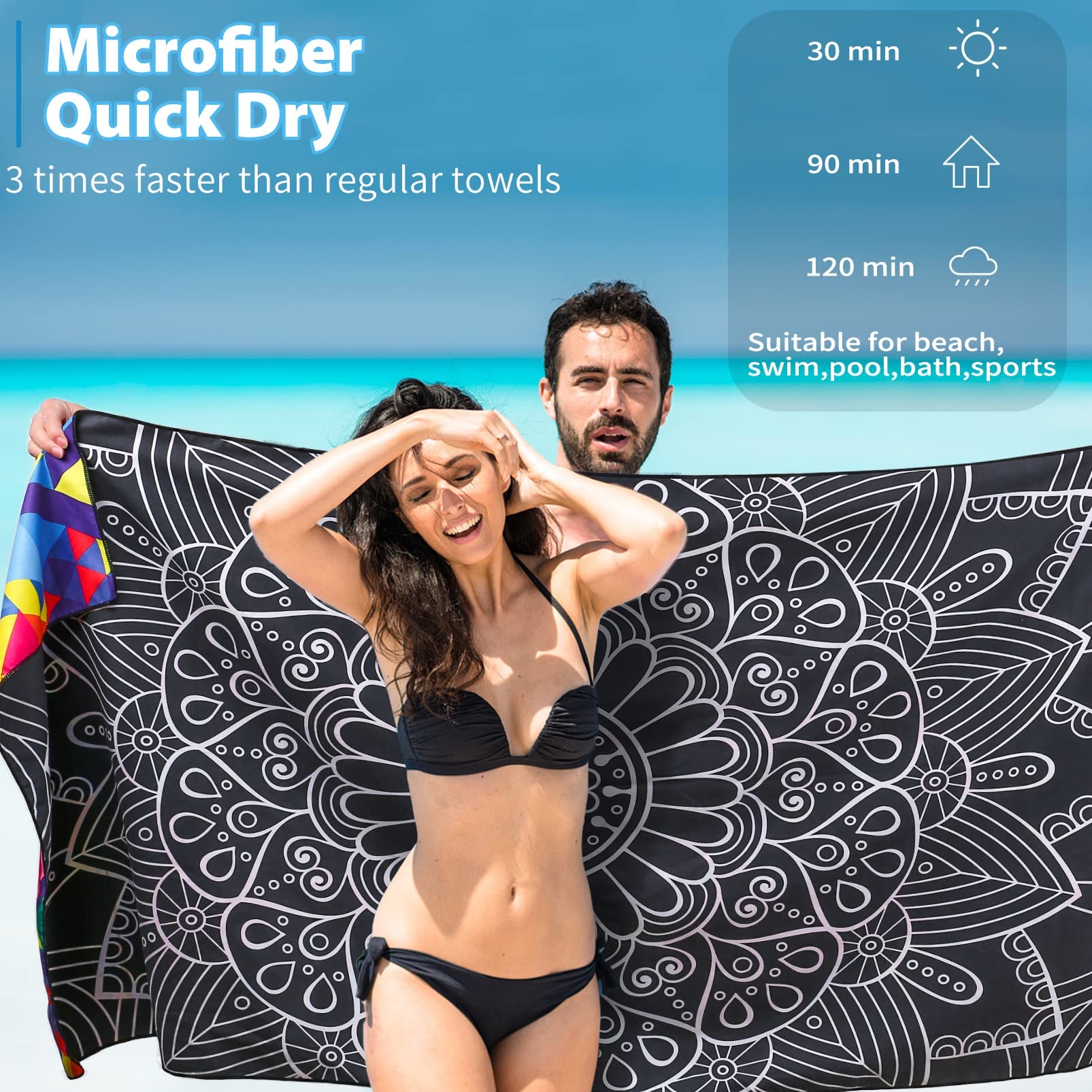 Microfiber Sand Free Beach Towel-Quick Dry Super Absorbent Lightweight Oversized Large Towels Blanket for Travel Pool Swimming Bath Girl Women Men Geometric Triangle Black Mandala