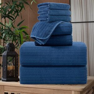 8 Pcs Navy Stripe Large Bath Towels Set Oversized Bath Sheet 2 Bathroom Towels,2 Hand Towels,4 Washcloths Soft Jumbo Towels Absorbent Shower Towel Quick Dry Beach Chair Towel Spa Gym Hotel Towel Set