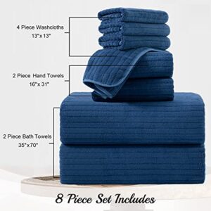 8 Pcs Navy Stripe Large Bath Towels Set Oversized Bath Sheet 2 Bathroom Towels,2 Hand Towels,4 Washcloths Soft Jumbo Towels Absorbent Shower Towel Quick Dry Beach Chair Towel Spa Gym Hotel Towel Set