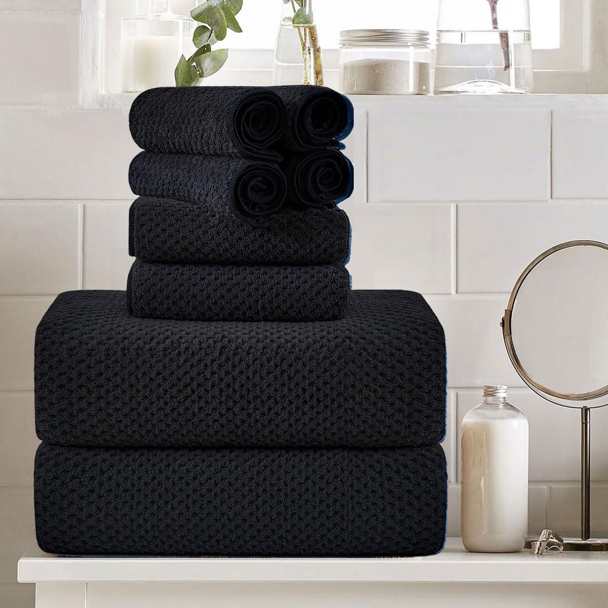 8 Piece Large Black Family Bath Towel Set-2 Oversized Bath Towel Sheets,2 Hand Towels,4 Washcloths-600GSM Soft Highly Absorbent Quick Dry Beach Chair Towels Woven Towels for Bathroom Hotel and Spa