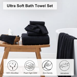 8 Piece Large Black Family Bath Towel Set-2 Oversized Bath Towel Sheets,2 Hand Towels,4 Washcloths-600GSM Soft Highly Absorbent Quick Dry Beach Chair Towels Woven Towels for Bathroom Hotel and Spa