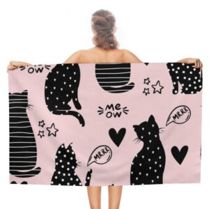 Black Cats Hearts Microfiber Absorbent Lightweight Beach Towels Fast Dry Oversized Sand Free Beach Blanket 31x51in for Swimming Camping Travel Gym and Yoga