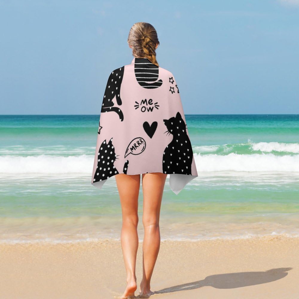 Black Cats Hearts Microfiber Absorbent Lightweight Beach Towels Fast Dry Oversized Sand Free Beach Blanket 31x51in for Swimming Camping Travel Gym and Yoga