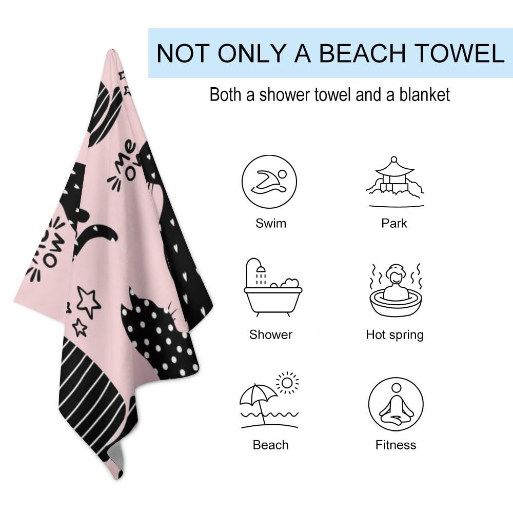 Black Cats Hearts Microfiber Absorbent Lightweight Beach Towels Fast Dry Oversized Sand Free Beach Blanket 31x51in for Swimming Camping Travel Gym and Yoga