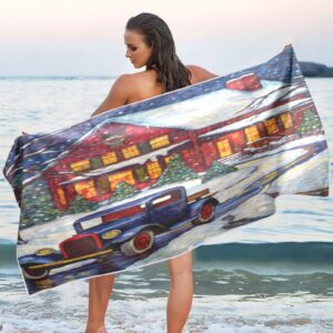 Christmas Truck House Beach Towel Quick Dry Beach Blanket Sand Free Towel Beach Towels Oversized Pool Towels Travel Towel for Women Men Swimming Camping Gym Sports Beach Essentials M