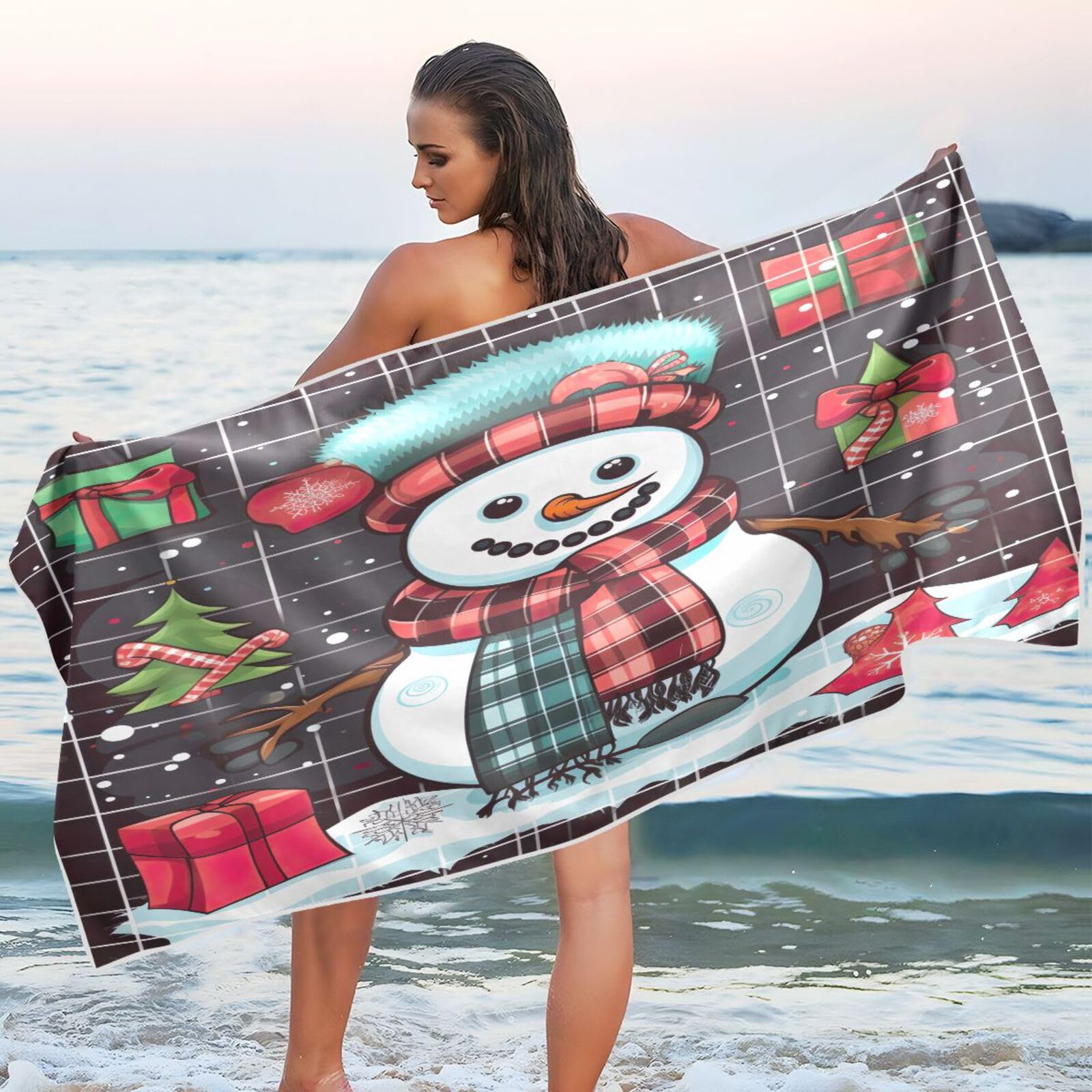 Christmas Snowman Gift Beach Towel Sand Free Beach Blanket Quick Dry Towel Pool Towels Travel Towel Beach Towels Oversized for Women Men Swimming Camping Gym Sports Beach Essentials M