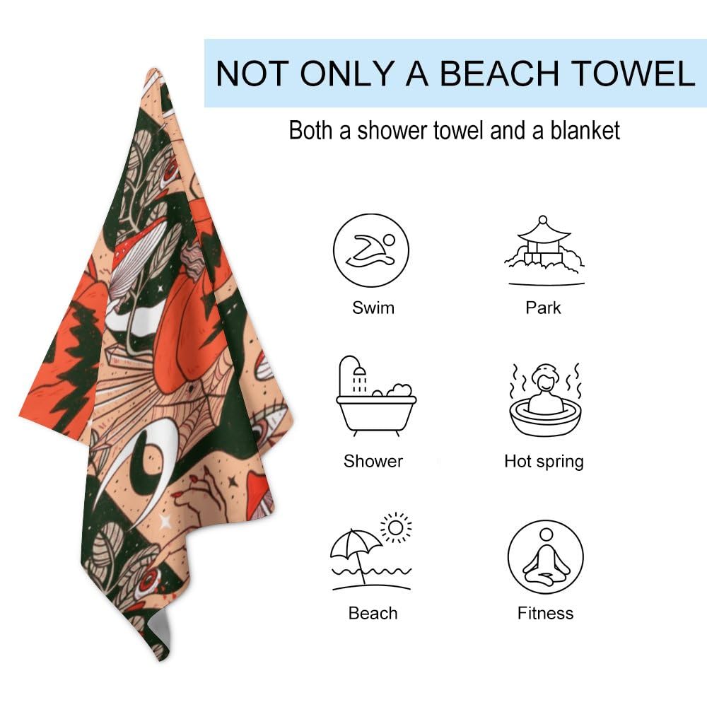 ZHIMI Beach Towels Oversized Halloween Black Cat Pumpkin Mushrooms Eyes Hand Bath Towel Pool Towels Microfiber Absorbent Sand Free Quick Dry Towels for Bathroom Gym Camping Women Men 31x51Inch