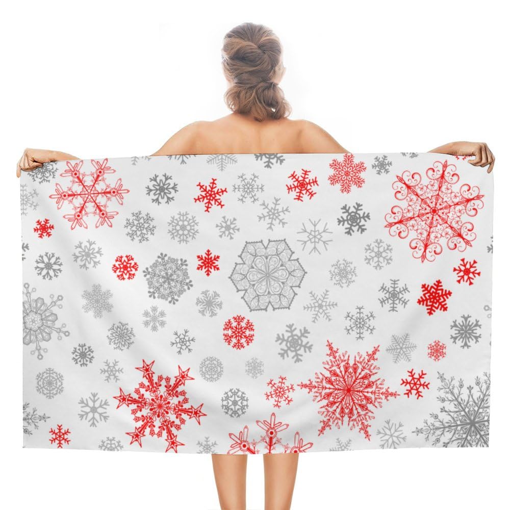 TsingZa Oversized Bath Towels for Bathroom 1 Piece, Large Bath Sheet Soft Absorbent Red Gray Christmas Snowflakes, Quick Dry Beach Towels Shower Towels Pool Swimming 51”x30”