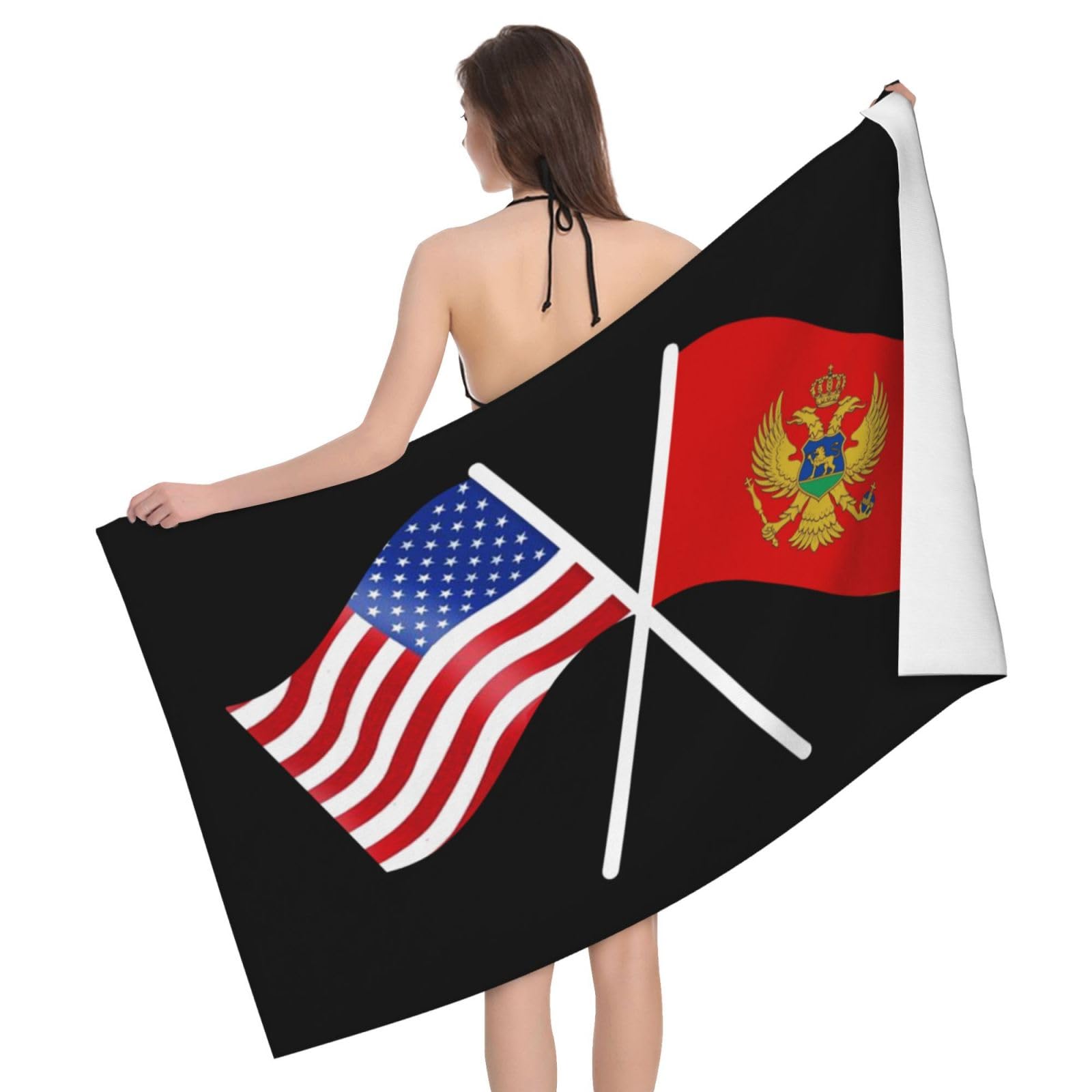 ADOSIA American and Montenegro Flag Beach Towel 32x52in Oversized Soft Absorbent Beach Towel