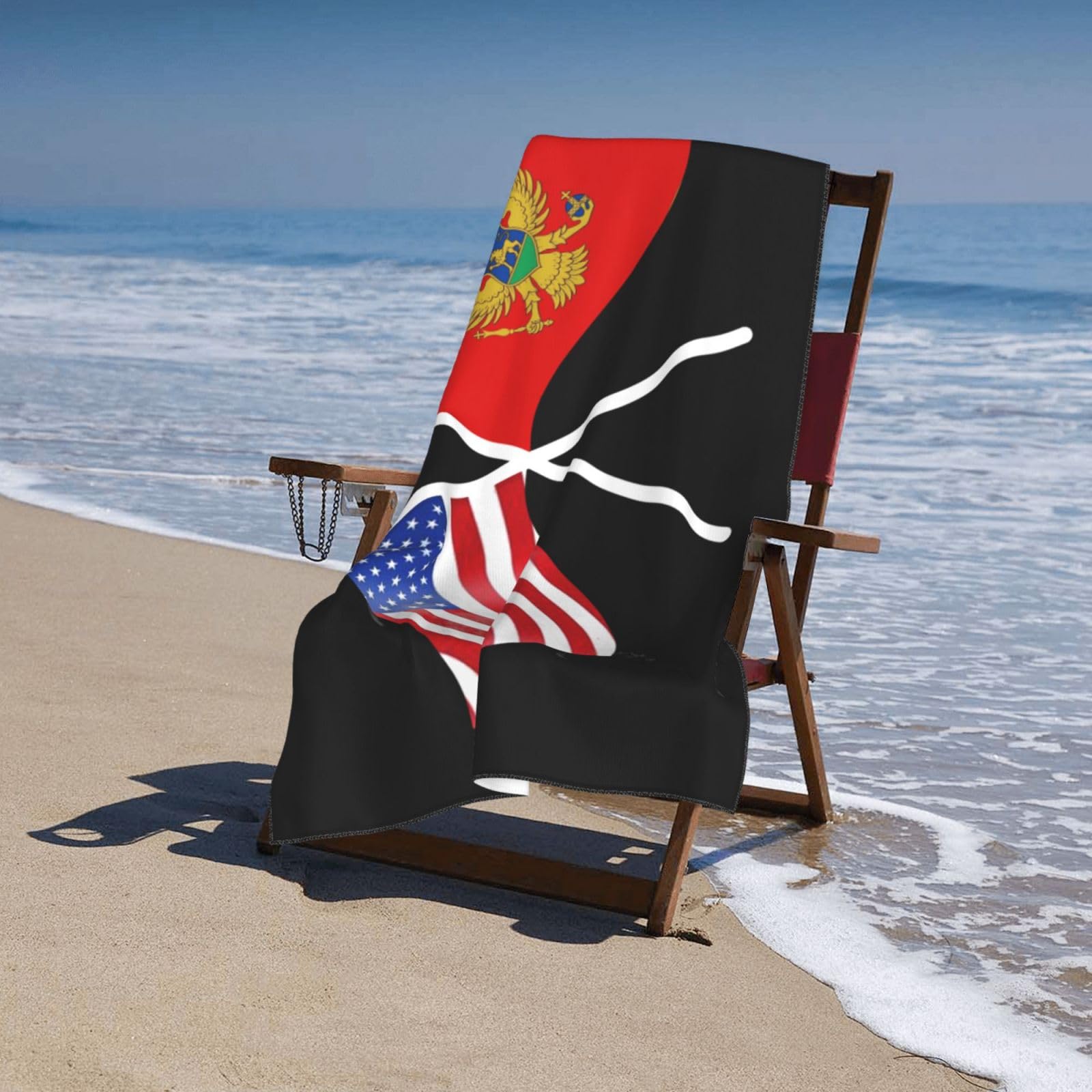 ADOSIA American and Montenegro Flag Beach Towel 32x52in Oversized Soft Absorbent Beach Towel