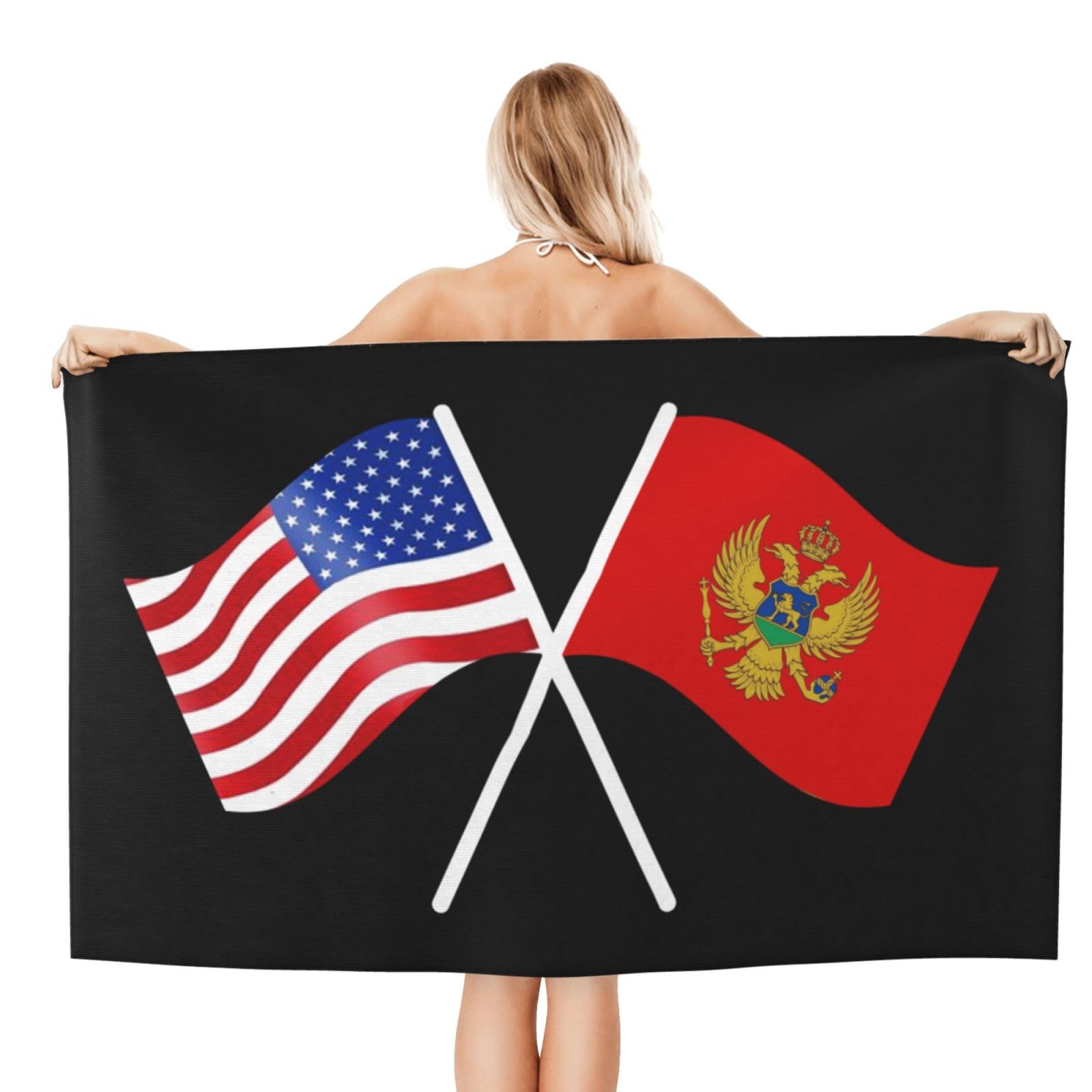 ADOSIA American and Montenegro Flag Beach Towel 32x52in Oversized Soft Absorbent Beach Towel