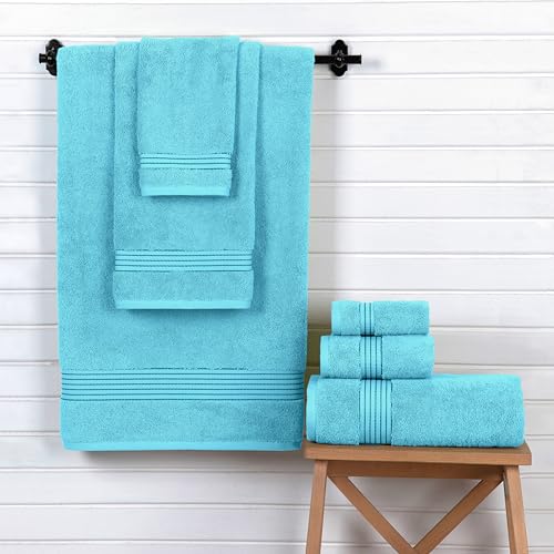 Elegant Comfort Premium Cotton 6-Piece Towel Set, includes 2 Washcloths, 2 Hand Towels and 2 Bath Towels, 100% Turkish Cotton - Highly Absorbent and Super Soft Towels for Bathroom, Aqua