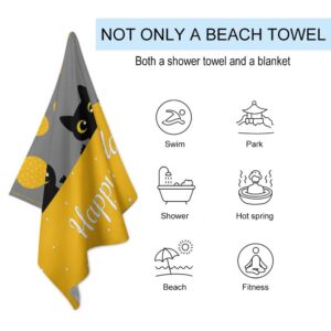 Three Black Cute Cat Microfiber Absorbent Lightweight Beach Towels Fast Dry Oversized Sand Free Beach Blanket 31x51in for Swimming Camping Travel Gym and Yoga