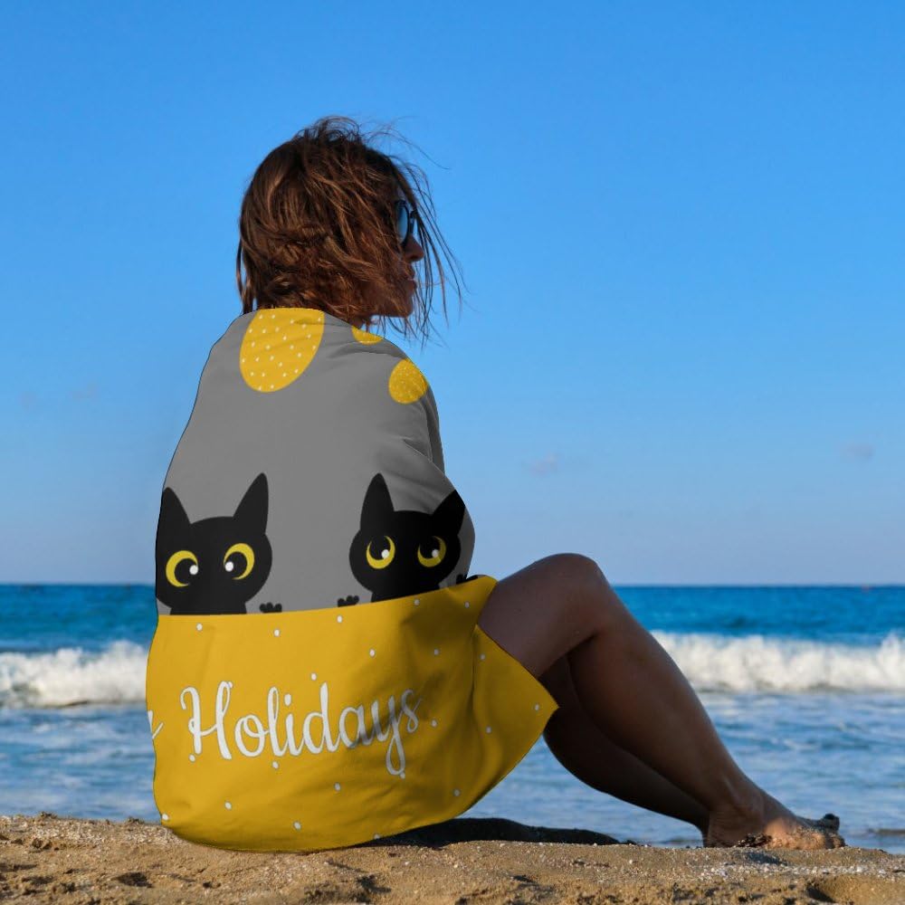 Three Black Cute Cat Microfiber Absorbent Lightweight Beach Towels Fast Dry Oversized Sand Free Beach Blanket 31x51in for Swimming Camping Travel Gym and Yoga