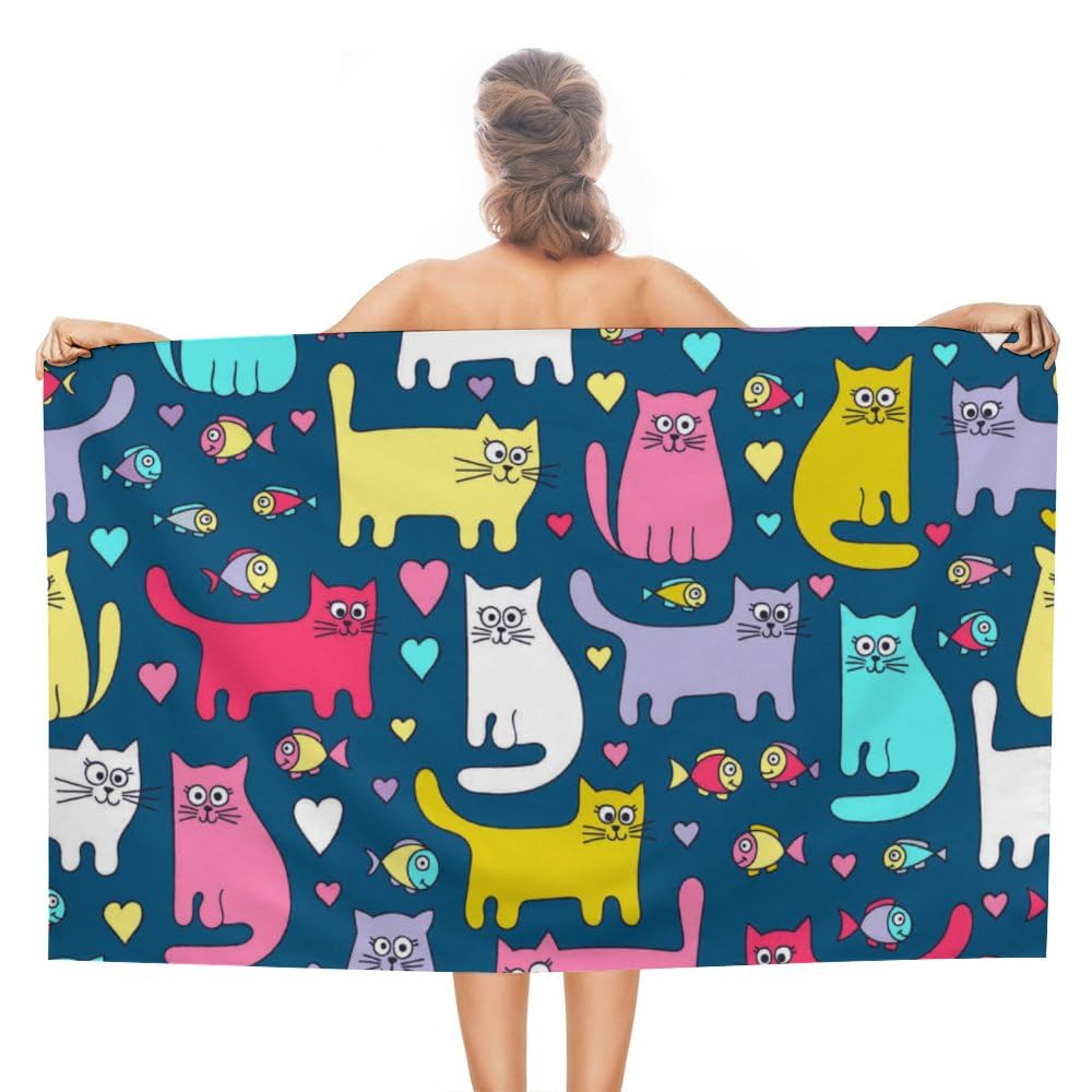 Colorful Cats Fish Microfiber Absorbent Lightweight Beach Towels Fast Dry Oversized Sand Free Beach Blanket 31x51in for Swimming Camping Travel Gym and Yoga