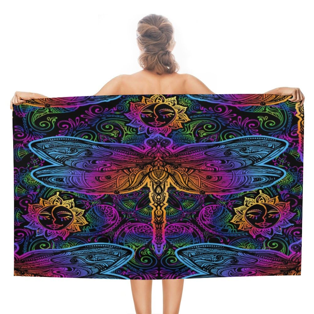 ZHIMI Beach Towels Oversized Magic Purple Blue Dragonfly Sun Face Hand Bath Towel Pool Towels Microfiber Absorbent Sand Free Quick Dry Towels for Bathroom Gym Camping Women Men 31x51Inch