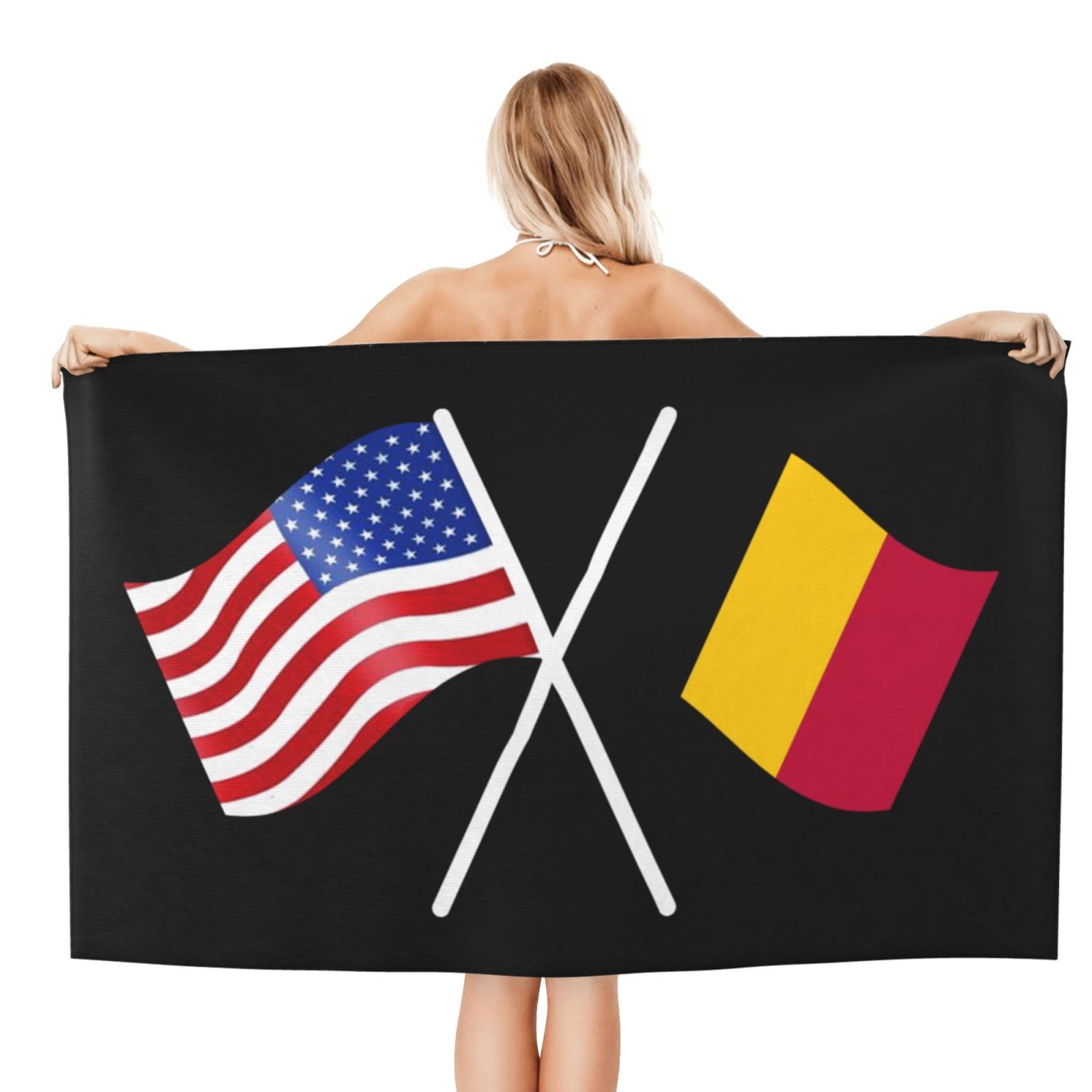 ADOSIA American and Belgium Flag Beach Towel 32x52in Oversized Soft Absorbent Beach Towel