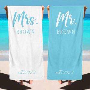 Custom Mr & Mrs Beach Towel, His & Hers Towels, Bride Honeymoon Travel, Personalized Bride Groom Beach Towel, Gift for Couples, Beach Bachelorette, Honeymoon Gifts, Just Married Gifts