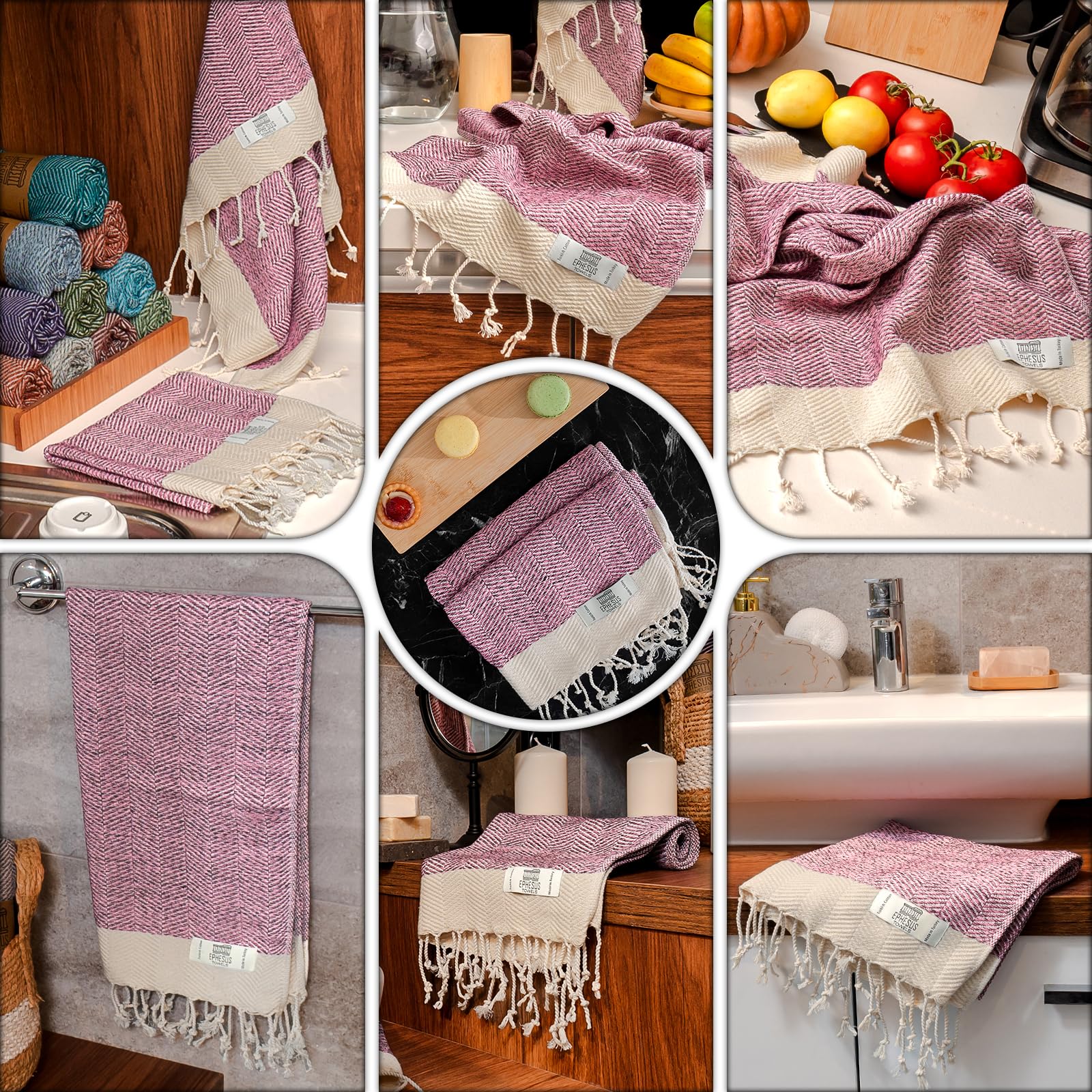 EPHESUS TOWELS Hand Towels - Set of 2 | 18" x 30" - Decorative Turkish Hand Towel for Bathroom, Kitchen, Guest, Face, Hair, Tea, Dishcloth (Herringbone, Pink)