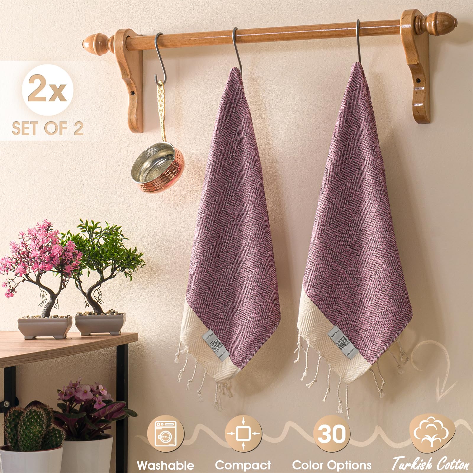 EPHESUS TOWELS Hand Towels - Set of 2 | 18" x 30" - Decorative Turkish Hand Towel for Bathroom, Kitchen, Guest, Face, Hair, Tea, Dishcloth (Herringbone, Pink)