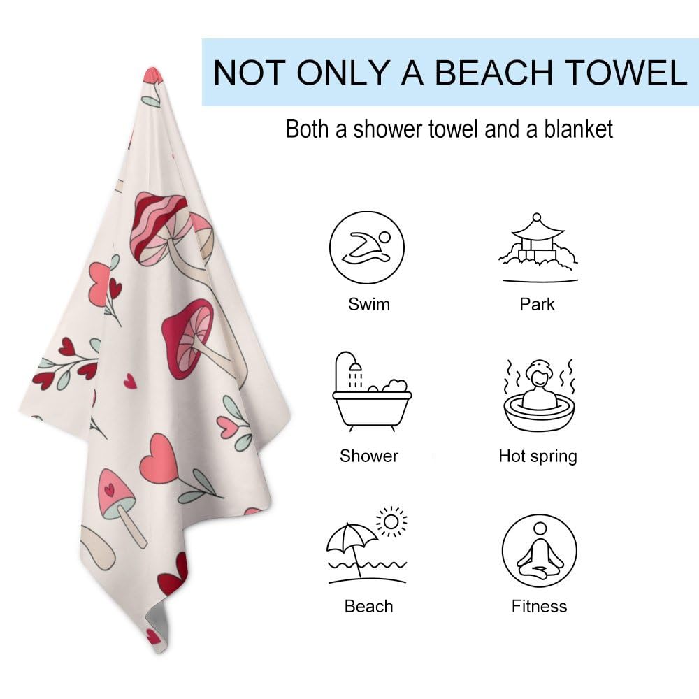 ZHIMI Beach Towels Oversized Pink Mushroom Heart Leaves Hand Bath Towel Pool Towels Microfiber Absorbent Sand Free Quick Dry Towels for Bathroom Gym Camping Women Men 31x51Inch