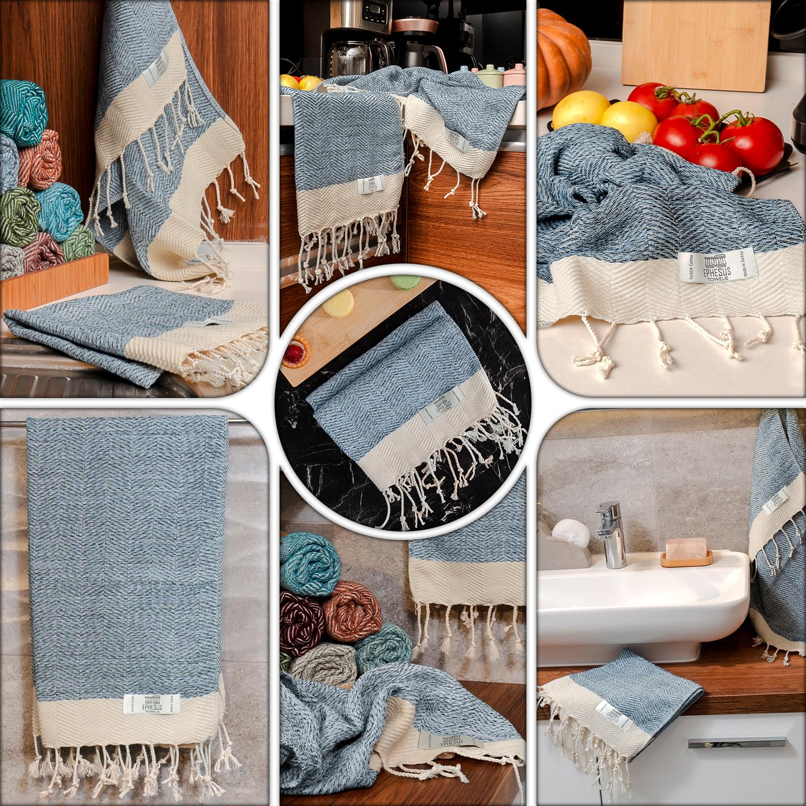 EPHESUS TOWELS Hand Towels - Set of 2 | 18" x 30" - Decorative Turkish Hand Towel for Bathroom, Kitchen, Guest, Face, Hair, Tea, Dishcloth (Herringbone, Baby Blue)