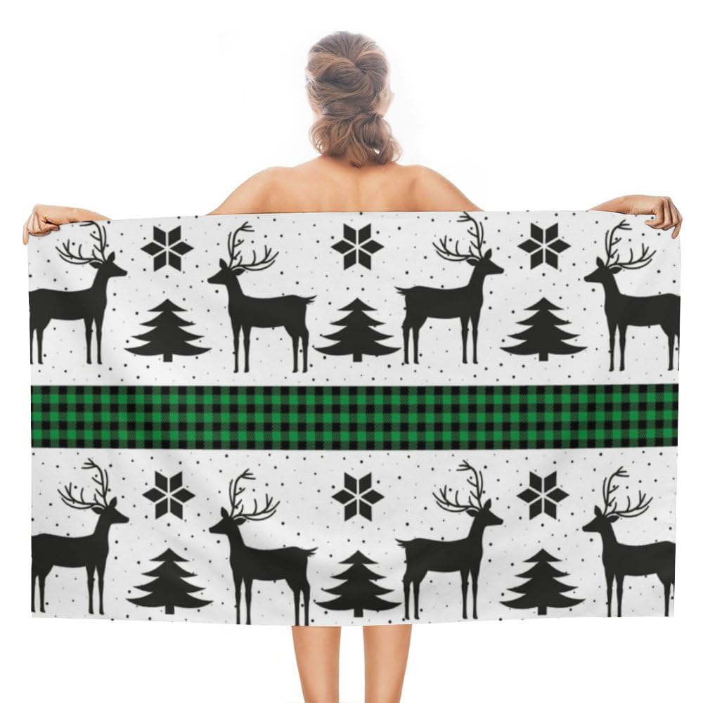 TsingZa Oversized Bath Towels for Bathroom 1 Piece, Large Bath Sheet Soft Absorbent Christmas Deer Buffalo Green, Quick Dry Beach Towels Shower Towels Pool Swimming 51”x30”