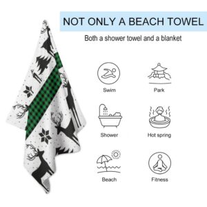 TsingZa Oversized Bath Towels for Bathroom 1 Piece, Large Bath Sheet Soft Absorbent Christmas Deer Buffalo Green, Quick Dry Beach Towels Shower Towels Pool Swimming 51”x30”