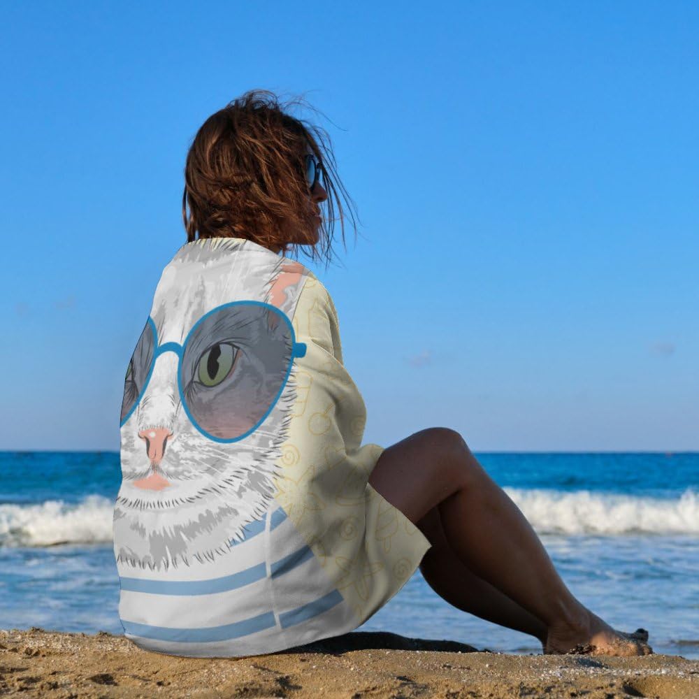 Stylized Portrait Cat Microfiber Absorbent Lightweight Beach Towels Fast Dry Oversized Sand Free Beach Blanket 31x51in for Swimming Camping Travel Gym and Yoga