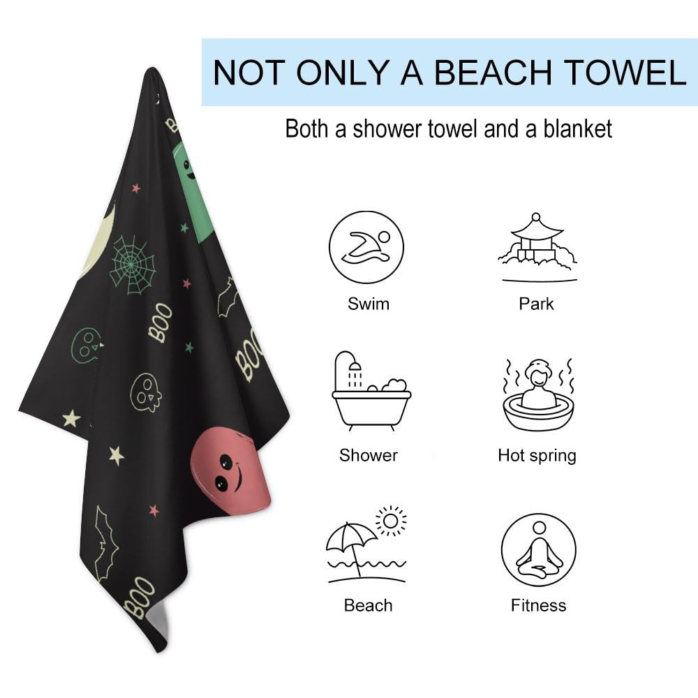 Halloween Colored Ghost Microfiber Absorbent Lightweight Beach Towels Fast Dry Oversized Sand Free Beach Blanket 31x51in for Swimming Camping Travel Gym and Yoga