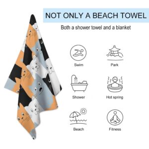 Cute Lovely Cats Microfiber Absorbent Lightweight Beach Towels Fast Dry Oversized Sand Free Beach Blanket 31x51in for Swimming Camping Travel Gym and Yoga