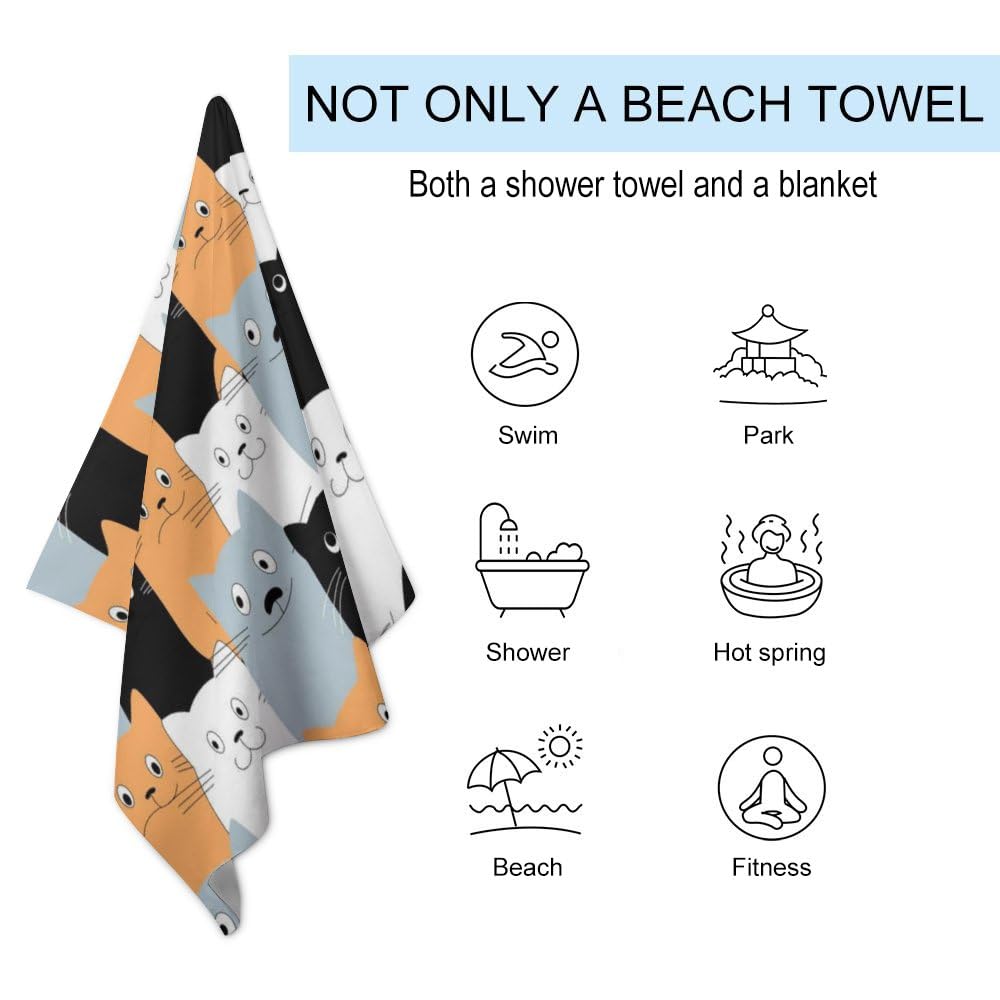 Cute Lovely Cats Microfiber Absorbent Lightweight Beach Towels Fast Dry Oversized Sand Free Beach Blanket 31x51in for Swimming Camping Travel Gym and Yoga