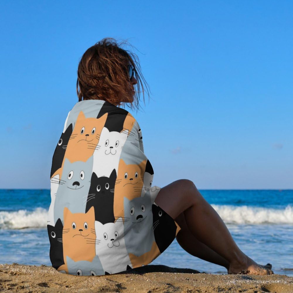 Cute Lovely Cats Microfiber Absorbent Lightweight Beach Towels Fast Dry Oversized Sand Free Beach Blanket 31x51in for Swimming Camping Travel Gym and Yoga