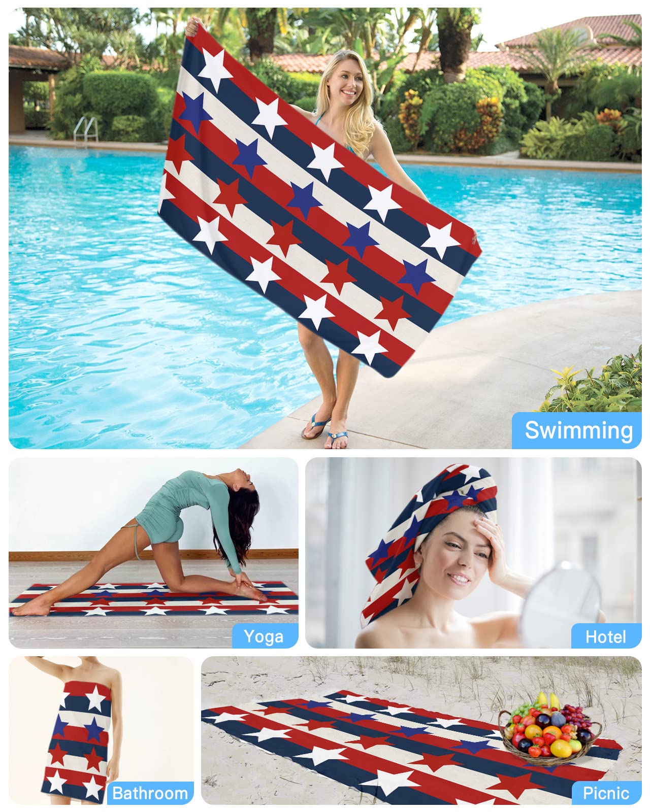 Gsypo Microfiber Beach Towel Oversized 31”x63”, Independence Day USA Falg Red Blue White Stripes Swimming Pool Towels for Adult, Absorbent Sand Free Lightweight Beach Towels for Beach Bath Yoga Hotel