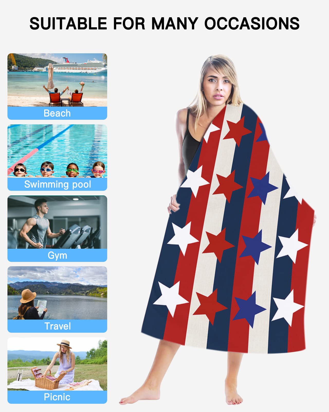 Gsypo Microfiber Beach Towel Oversized 31”x63”, Independence Day USA Falg Red Blue White Stripes Swimming Pool Towels for Adult, Absorbent Sand Free Lightweight Beach Towels for Beach Bath Yoga Hotel