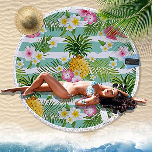 Thick Soft Round Beach Towel Pineapple Flowers Flamingo Large Blanket Picnic Carpet Yoga Mat Boho Tablecloth With Fringe For Women Girls Gift Photo Prop Big Towels Oversized Extra (Green, One Size)