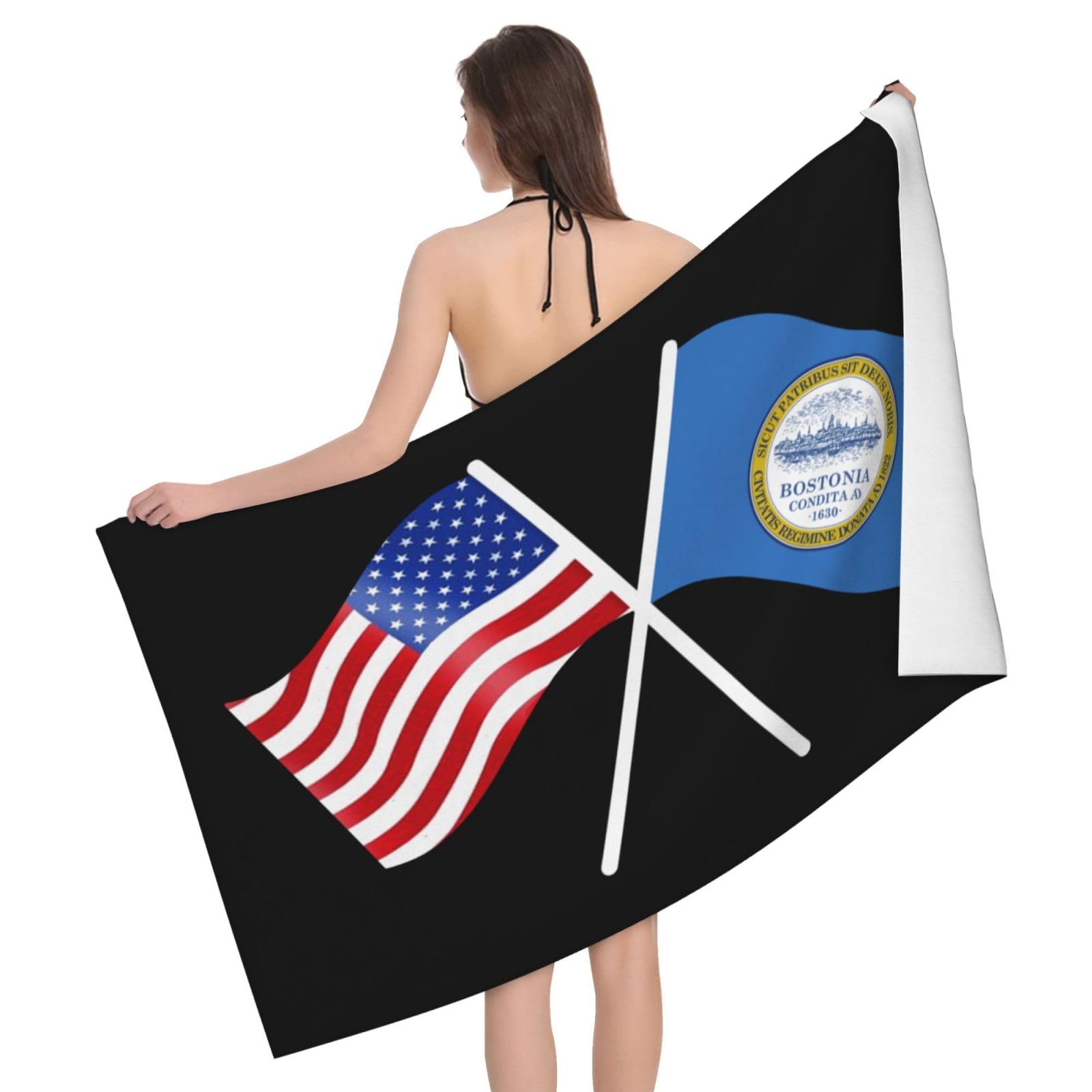 ADOSIA American and Boston Flag Beach Towel 32x52in Oversized Soft Absorbent Beach Towel