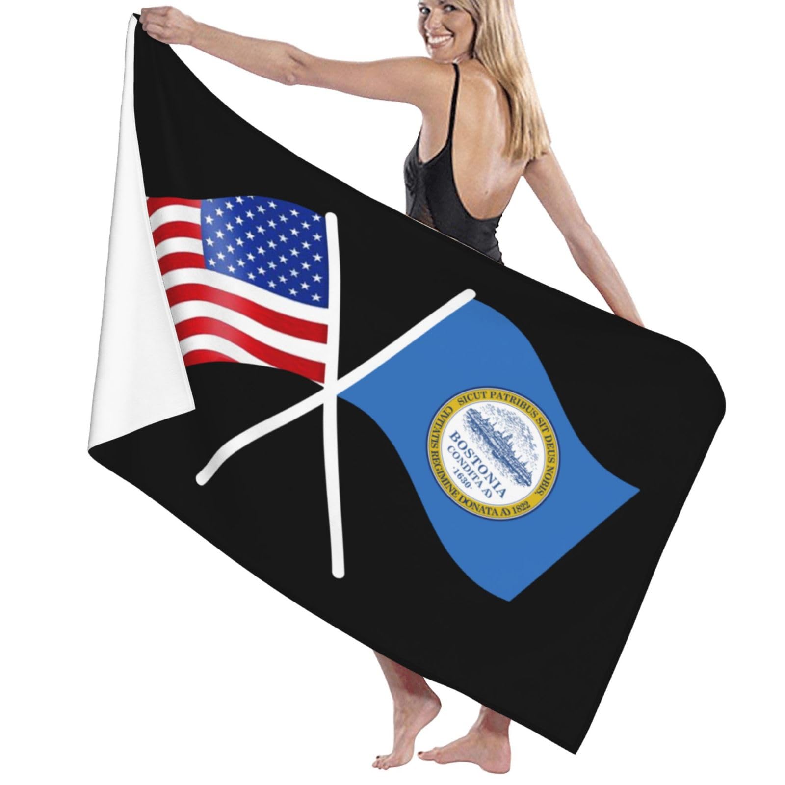 ADOSIA American and Boston Flag Beach Towel 32x52in Oversized Soft Absorbent Beach Towel