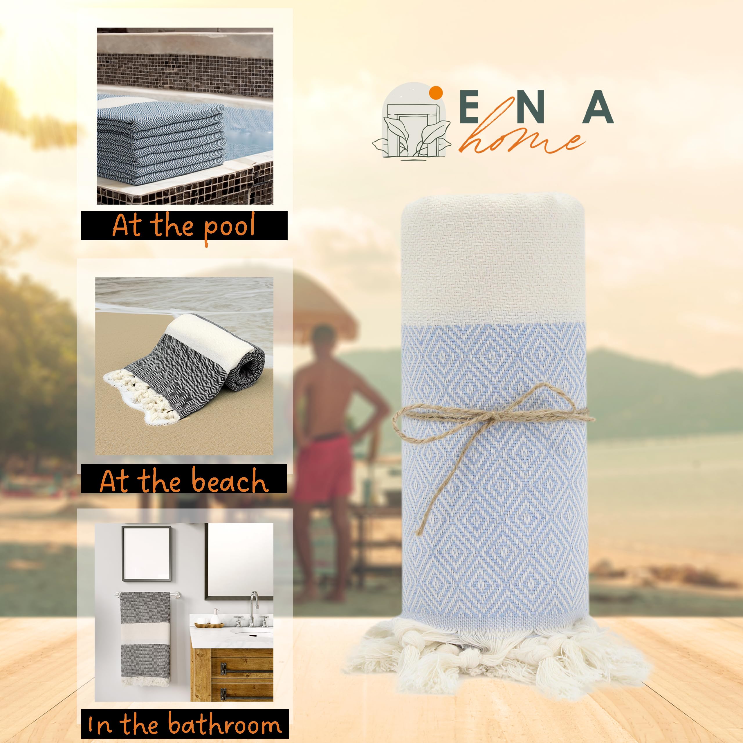 ENA HOME Turkish Beach Towel - 100% Cotton Peshtemal Towel Blanket - 39x71 Extra Large Wearable Turkish Towel for Beach, Sauna, Bath, Pool - Quick Dry - Highly Absorbent Sand Free (Baby Blue)