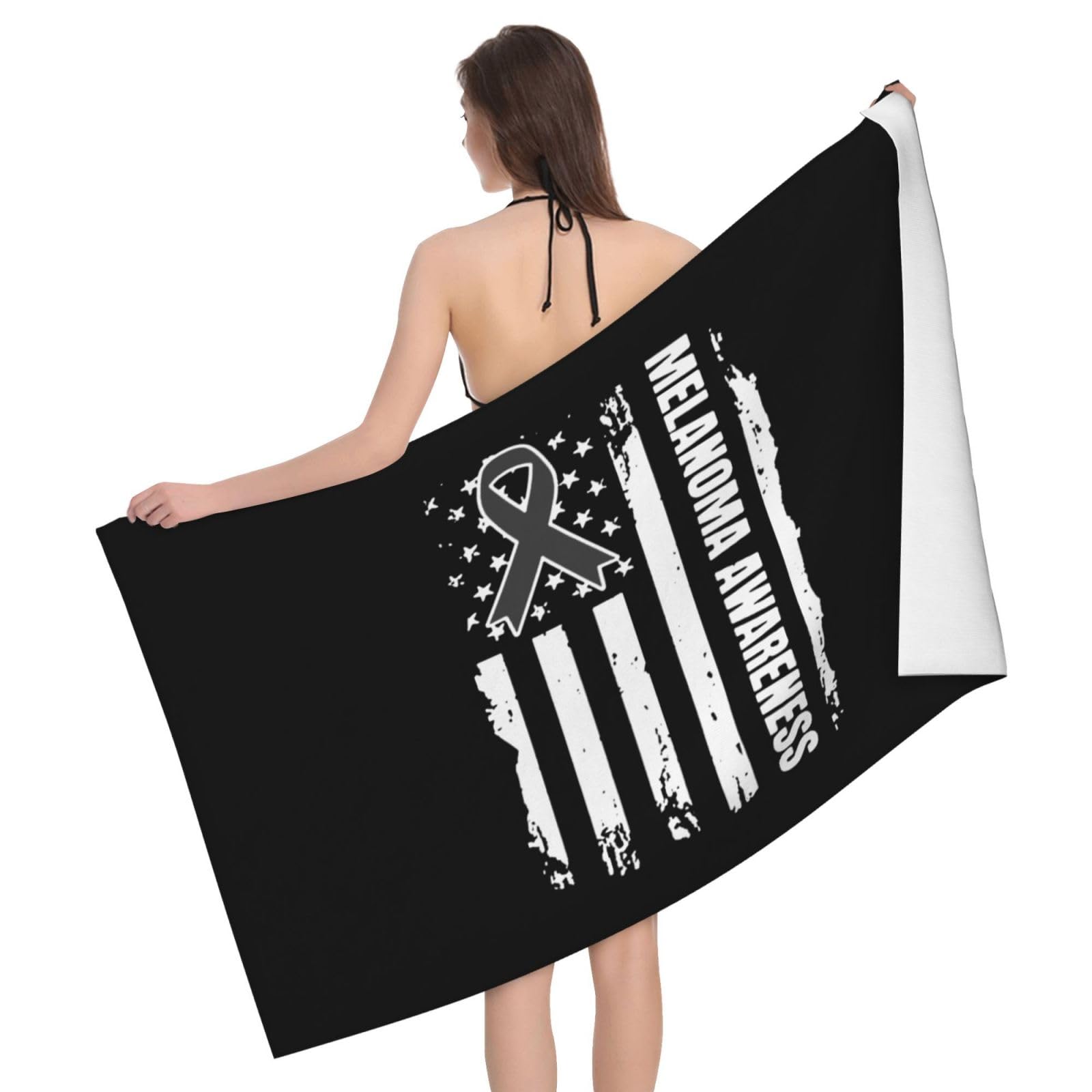 ADOSIA US Flag Black Ribbon Skin Cancer Melanoma Awareness Beach Towel 32x52in Oversized Soft Absorbent Beach Towel