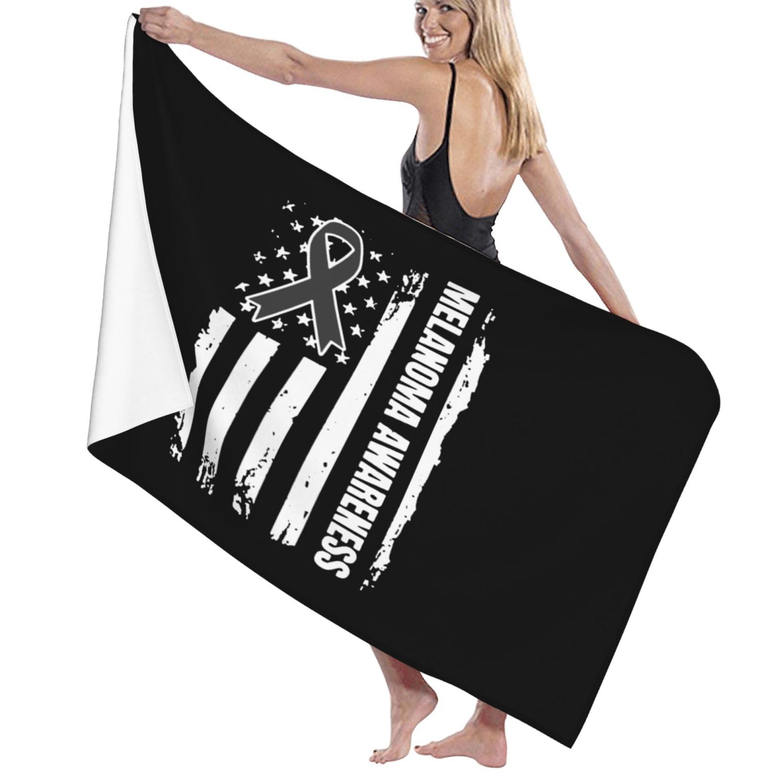 ADOSIA US Flag Black Ribbon Skin Cancer Melanoma Awareness Beach Towel 32x52in Oversized Soft Absorbent Beach Towel