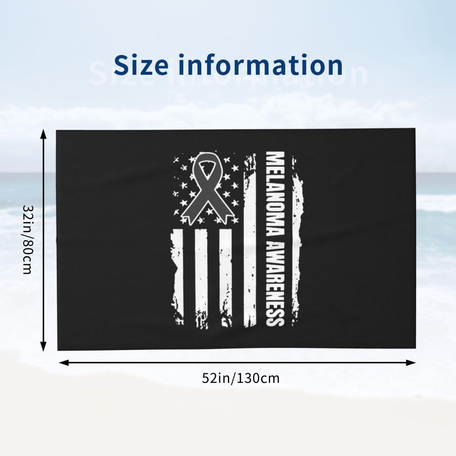 ADOSIA US Flag Black Ribbon Skin Cancer Melanoma Awareness Beach Towel 32x52in Oversized Soft Absorbent Beach Towel