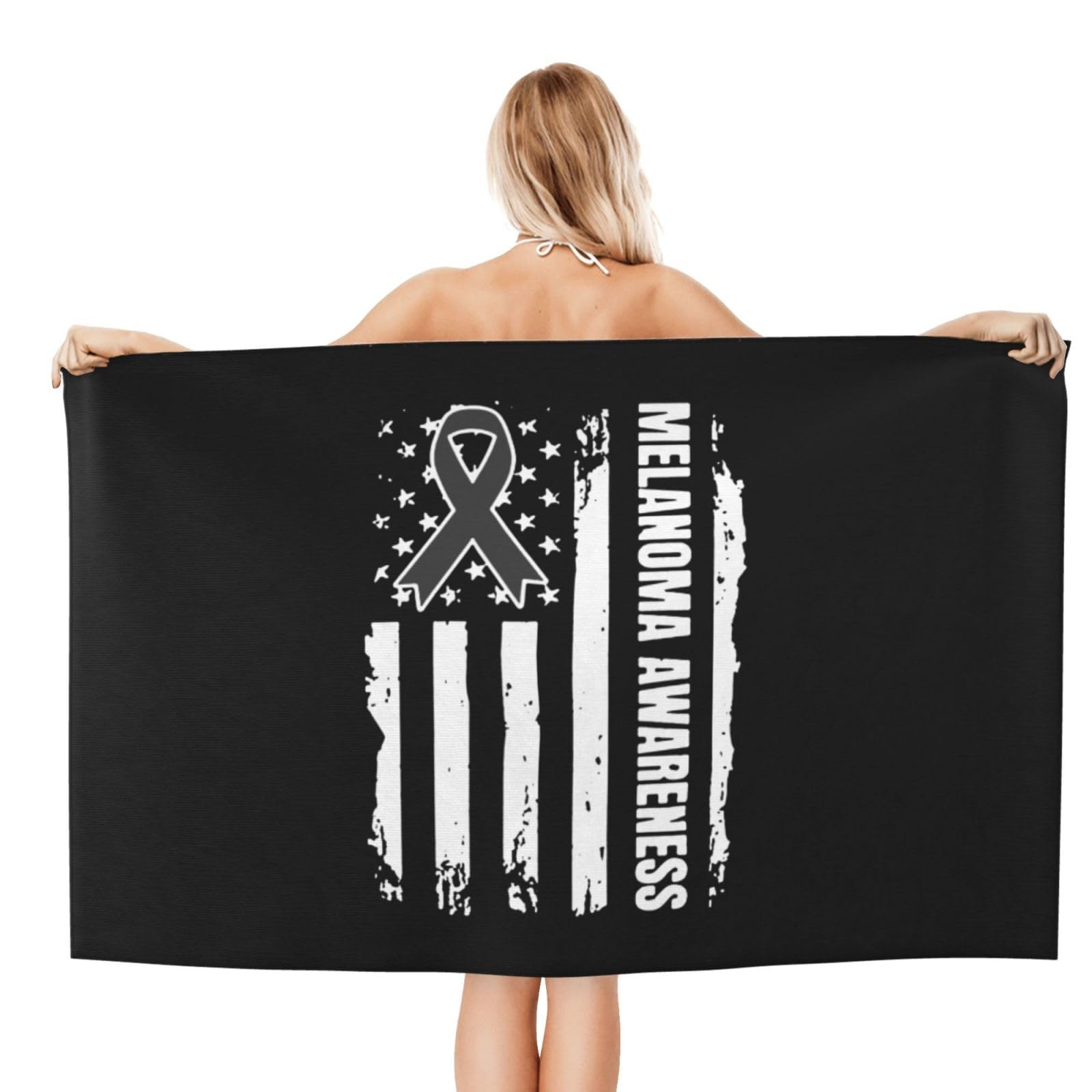 ADOSIA US Flag Black Ribbon Skin Cancer Melanoma Awareness Beach Towel 32x52in Oversized Soft Absorbent Beach Towel