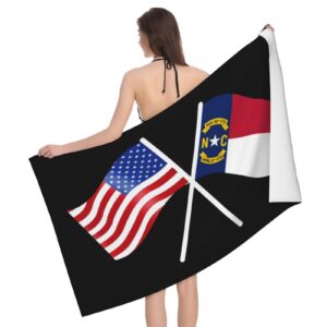 ADOSIA American and North Carolina Flag Beach Towel 32x52in Oversized Soft Absorbent Beach Towel