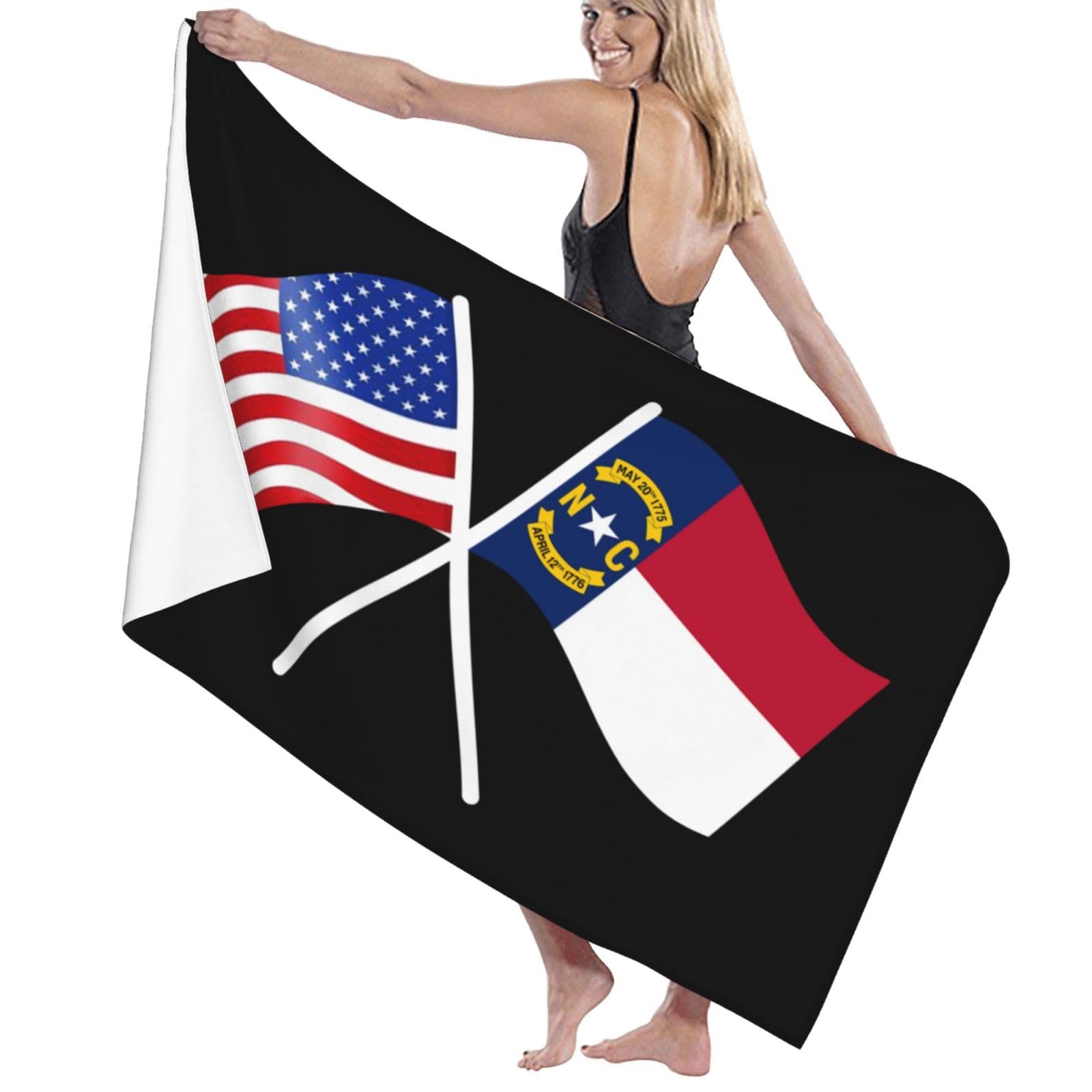 ADOSIA American and North Carolina Flag Beach Towel 32x52in Oversized Soft Absorbent Beach Towel