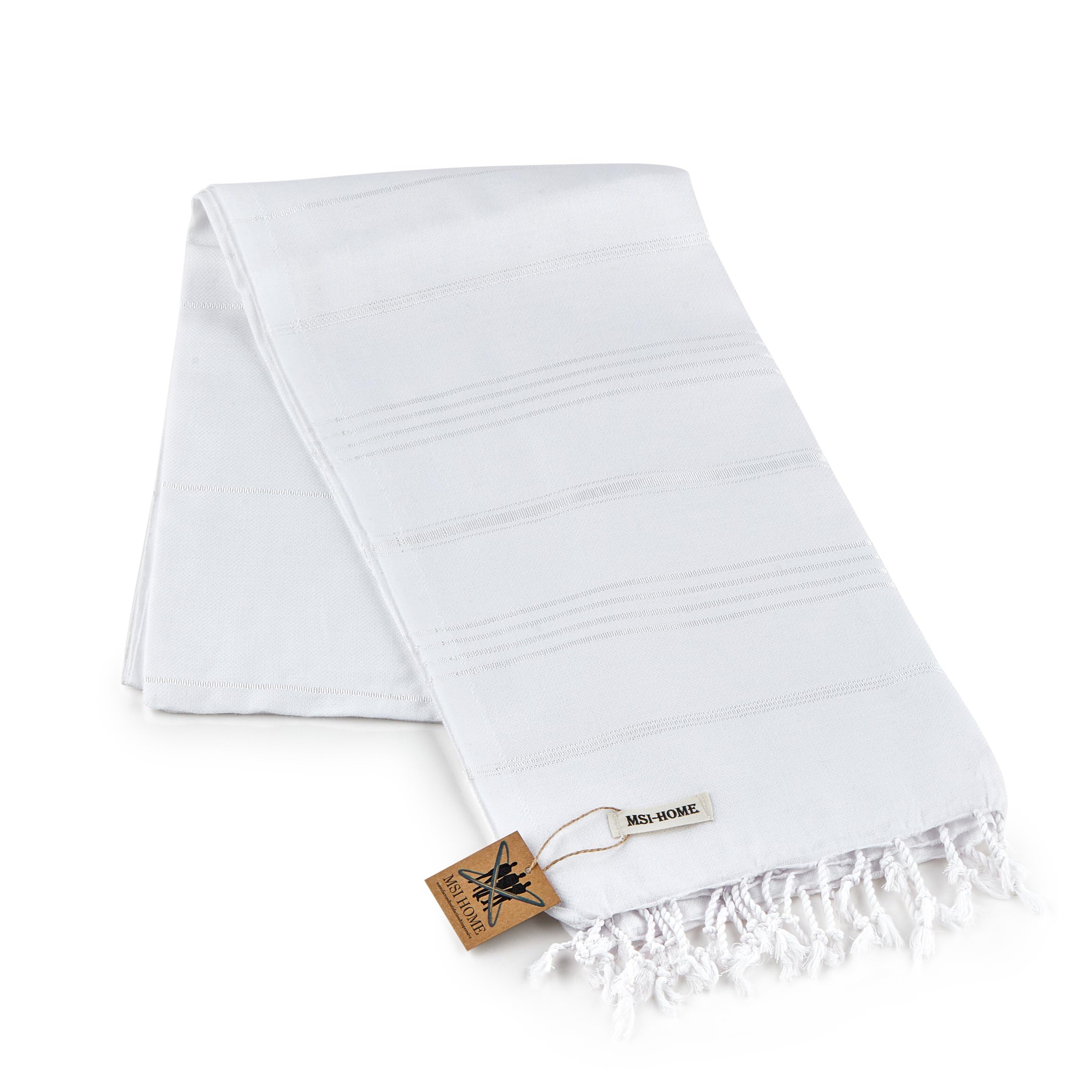 MSI-HOME 100% Organic Turkish Cotton Beach and Bath Towel, Peshtemal Towel Blanket, Quick Dry Sand Free, Oversized Light Compact, Diamond Weave, Prewashed, 71 x 39 Inches (White)