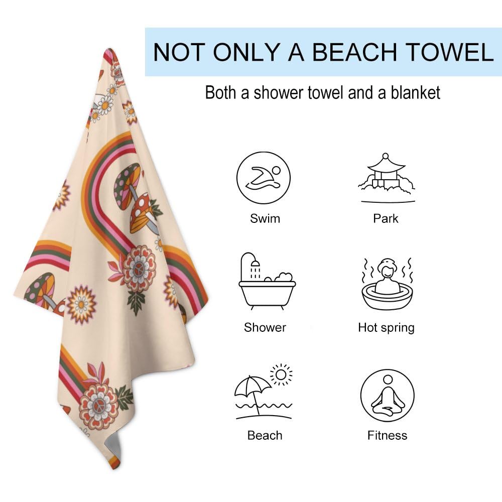 ZHIMI Beach Towels Oversized Boho Rainbow Flowers Mushroom Hand Bath Towel Pool Towels Microfiber Absorbent Sand Free Quick Dry Towels for Bathroom Gym Camping Women Men 31x51Inch