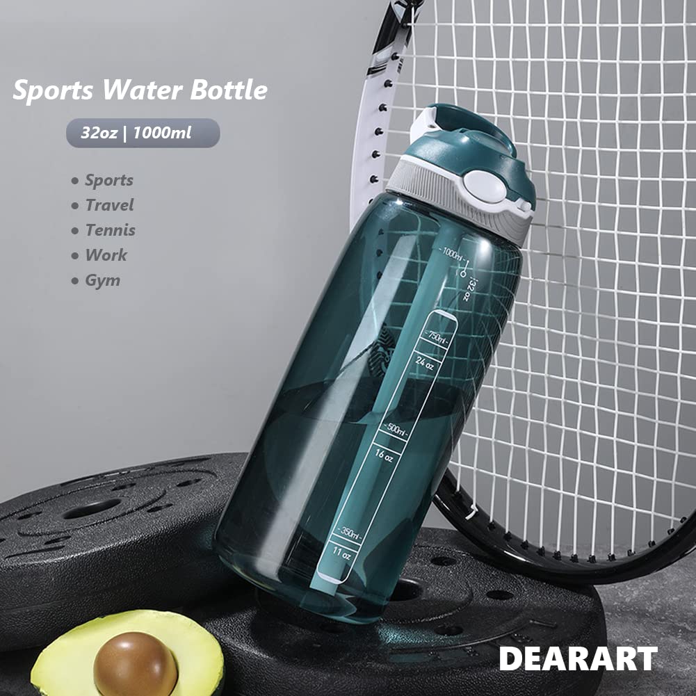 DEARART 32oz Dark Cyan Water Bottles With Narrow Straw, BPA FREE and Hidden Cup Mouth, Summer Clear Bottle With Handle, Suit Office Sports Work Gym Yoga Traveling etc.