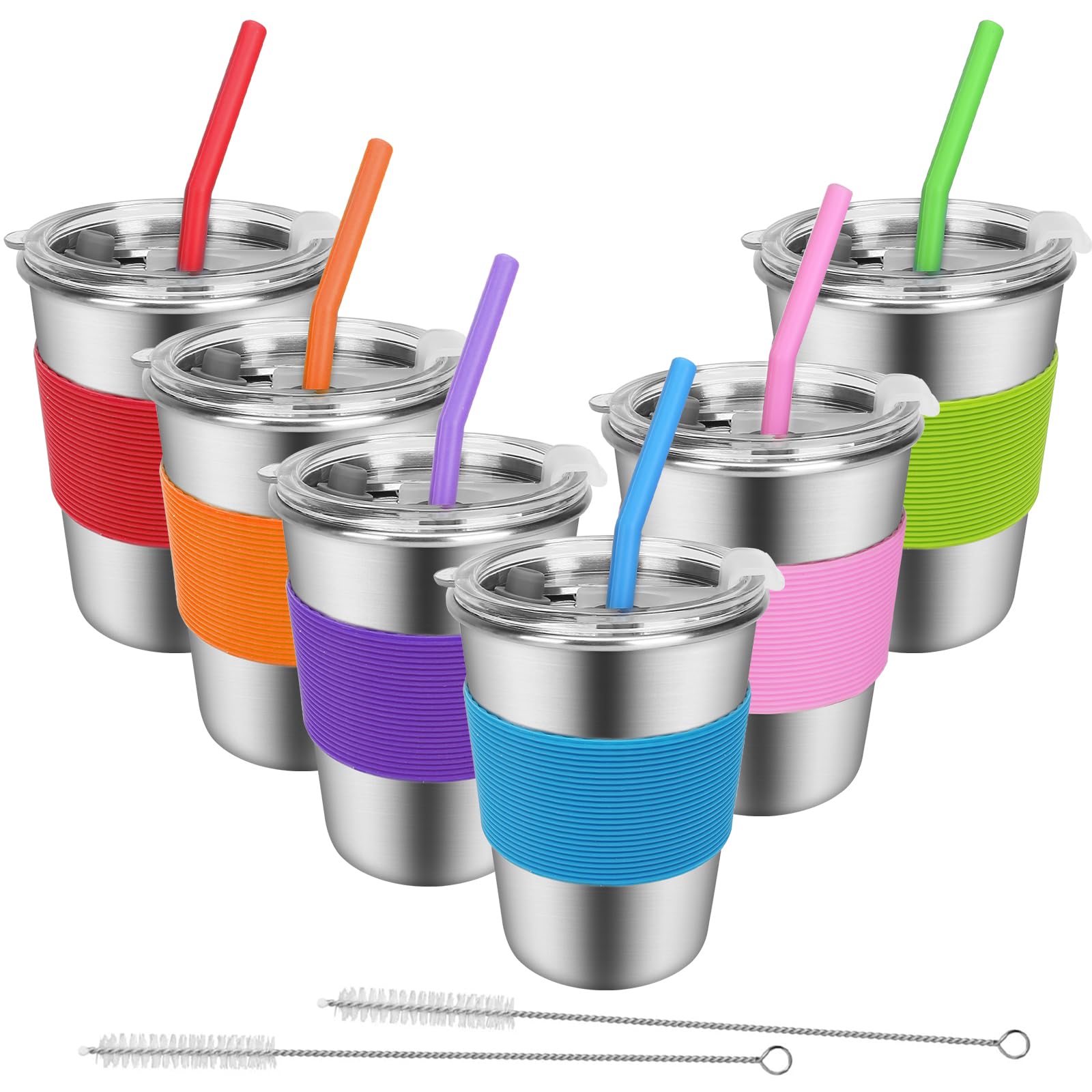 Rommeka Kids Drinking Cups, 6 Pack 12oz Stainless Steel Sippy Cup Spill Proof Kids Cups with Straws and Lids for Adults, Toddler and Children