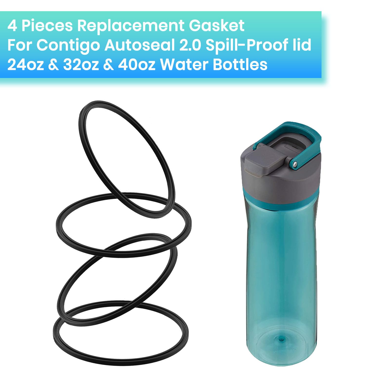 BOSORIO 4 Pack Gaskets Compatible with Contigo AUTOSEAL 2.0 24oz 32oz 40oz Water Bottle, Replacement Rubber Seal Part for Contigo AUTOSEAL Lid, Replacement Silicone O Ring